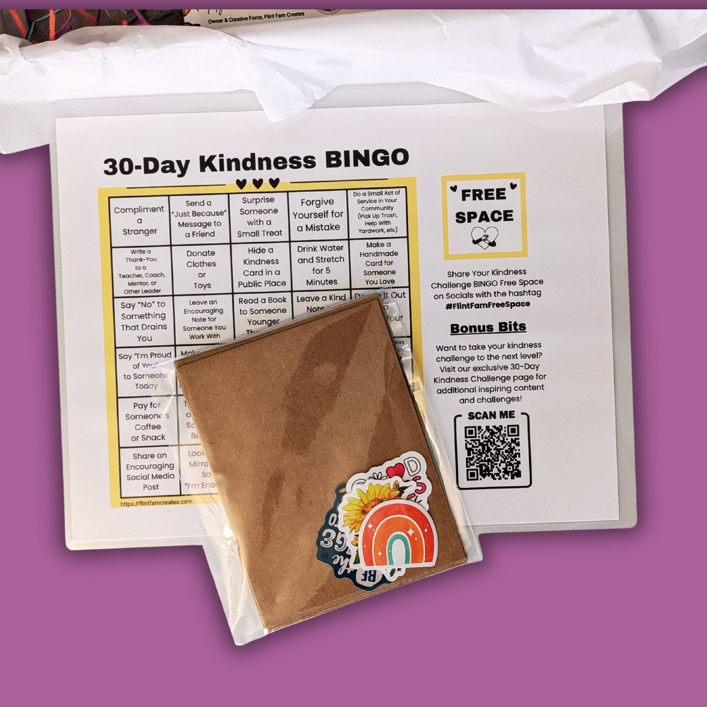 30 Day Kindness Bingo Card and Blank Cards with Stickers