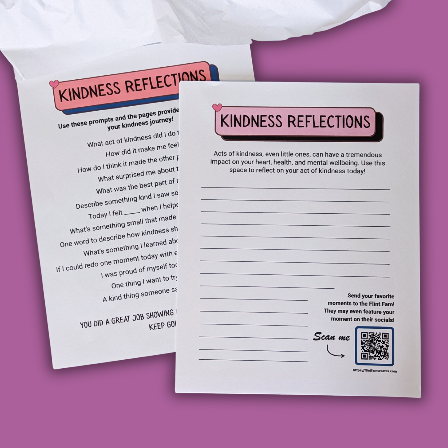 Kindness Reflection pages and prompts for the 30 Day Kindness Challenge Box
