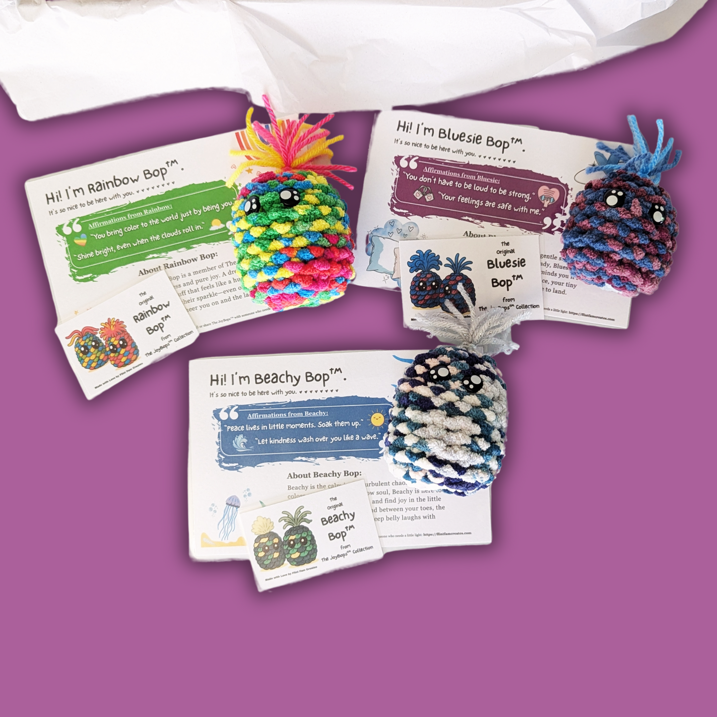 Rainbow Bop™, Beachy Bop™ and Bluesie Bop™ from Flint Fam Creates