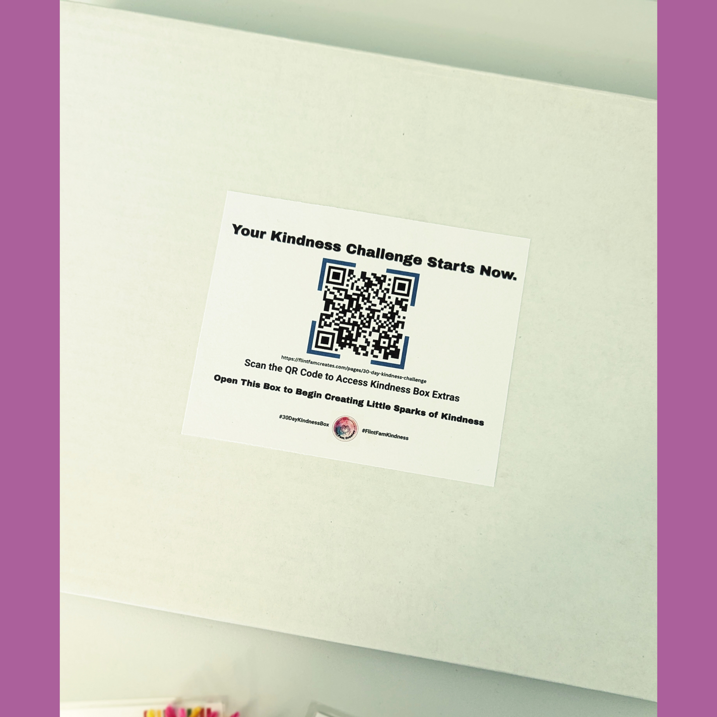 The outside of the box that you will receive with the 30 Day Kindness Kit
