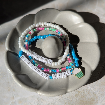 Personalized Birthday Girl Bracelet Stack in Blue With Custom Name Options