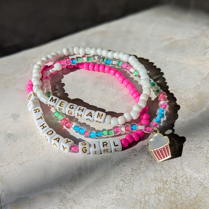 Personalized Birthday Girl Bracelet Set – Custom Name & Cupcake Charm