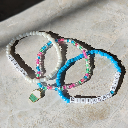 Personalized Birthday Girl Bracelet Set – Custom Name & Cupcake Charm