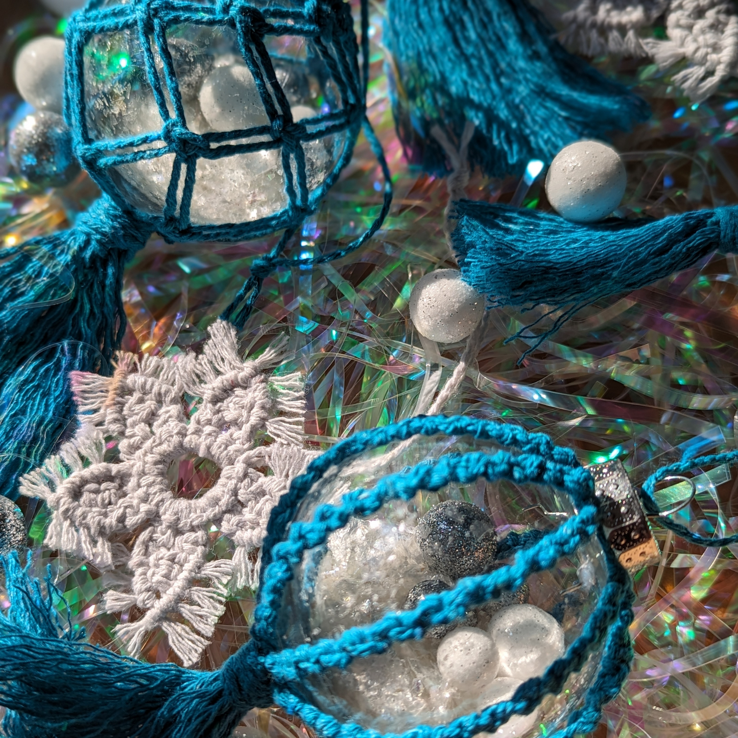 Blue Christmas Decor: Set of 6 Macrame Ornaments