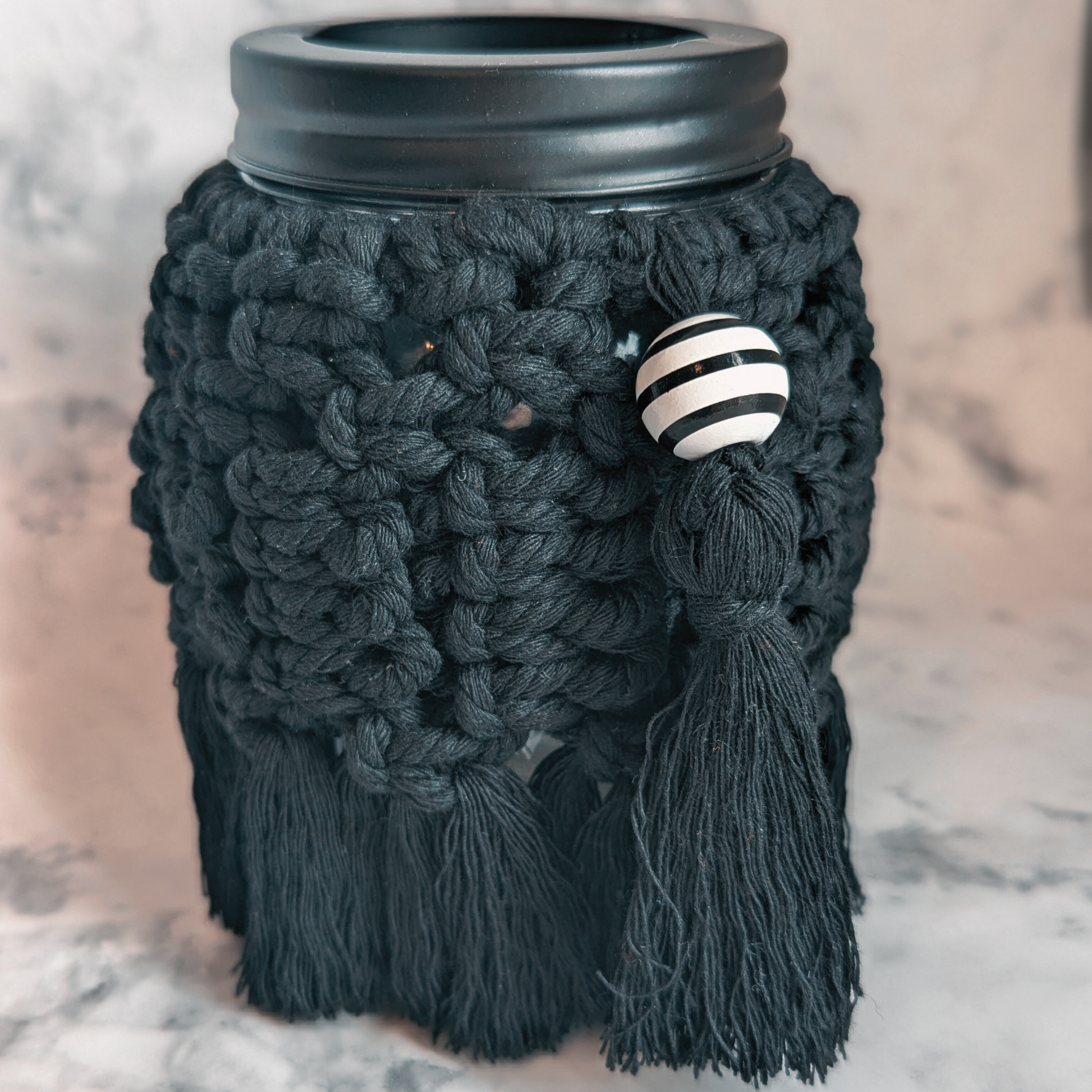 Spooky Mason Jar Candle Holder with Black Macrame Wrap