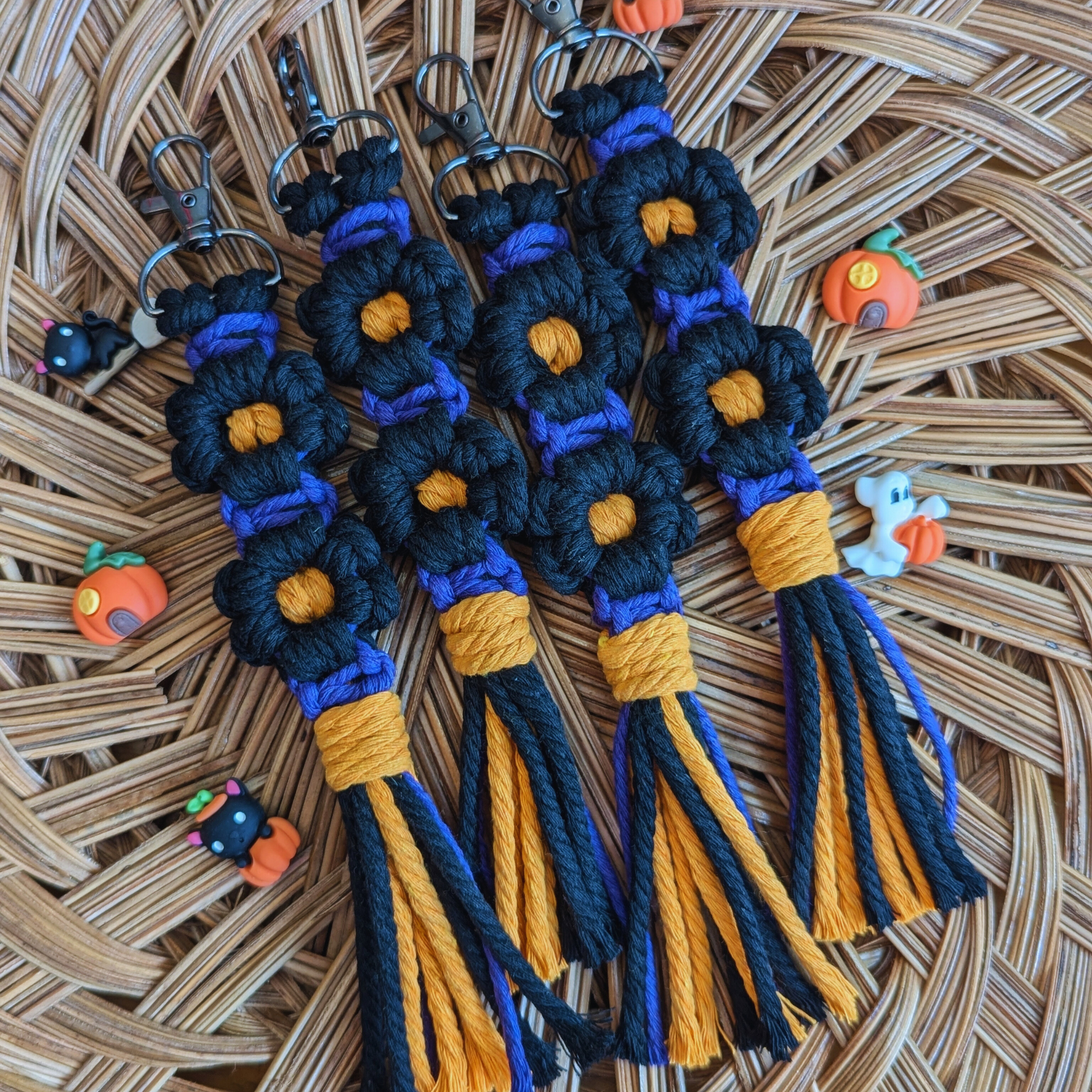 Boho Chic Halloween Macrame Flower Keychain with Black Flowers