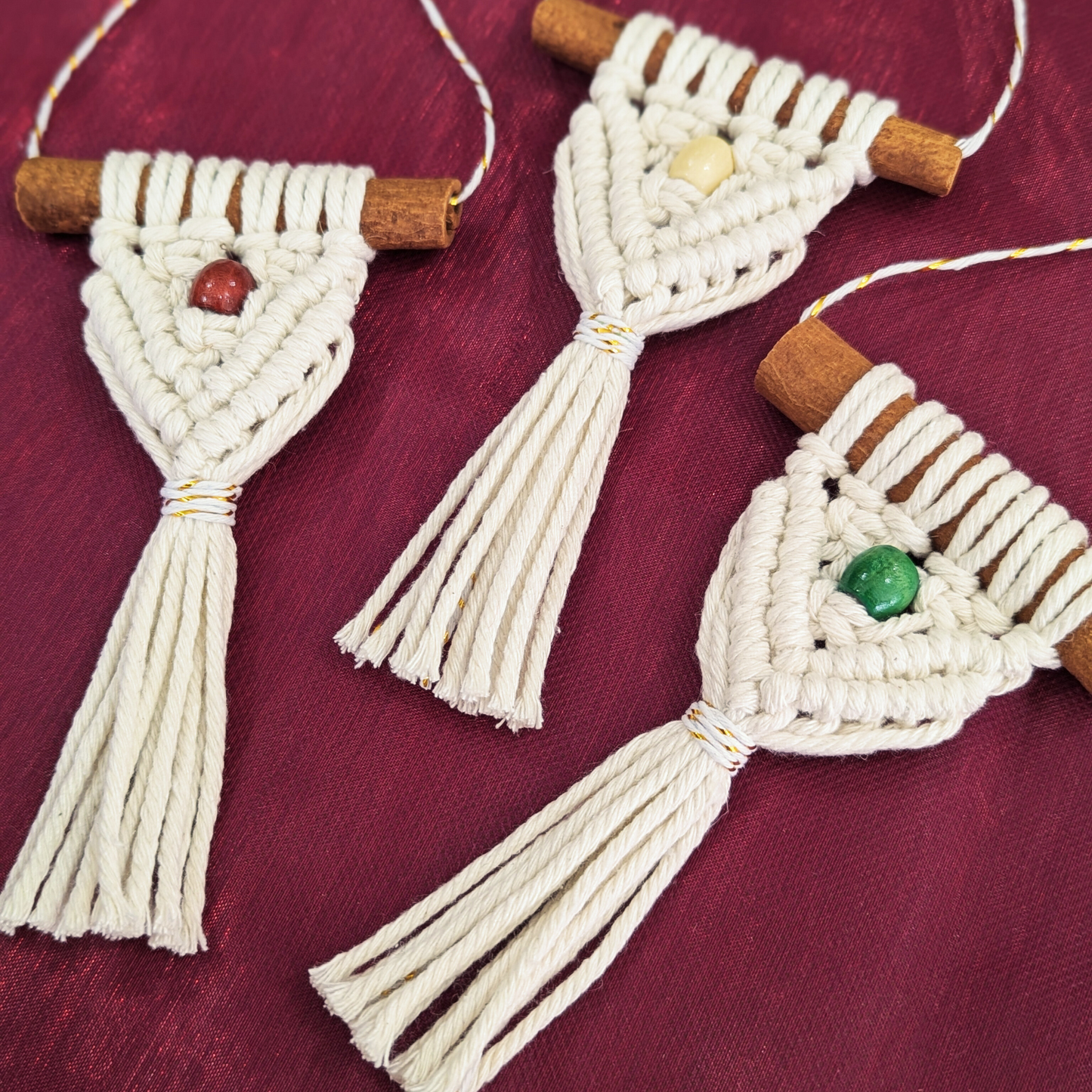 Cinnamon Stick Ornaments, 3 Pack of Handmade Macrame Ornaments