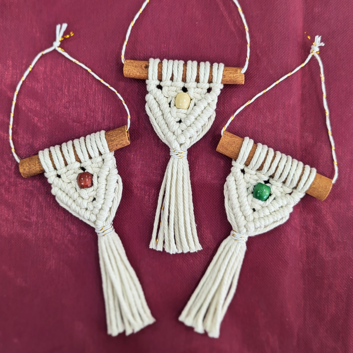 Cinnamon Stick Ornaments, 3 Pack of Handmade Macrame Ornaments