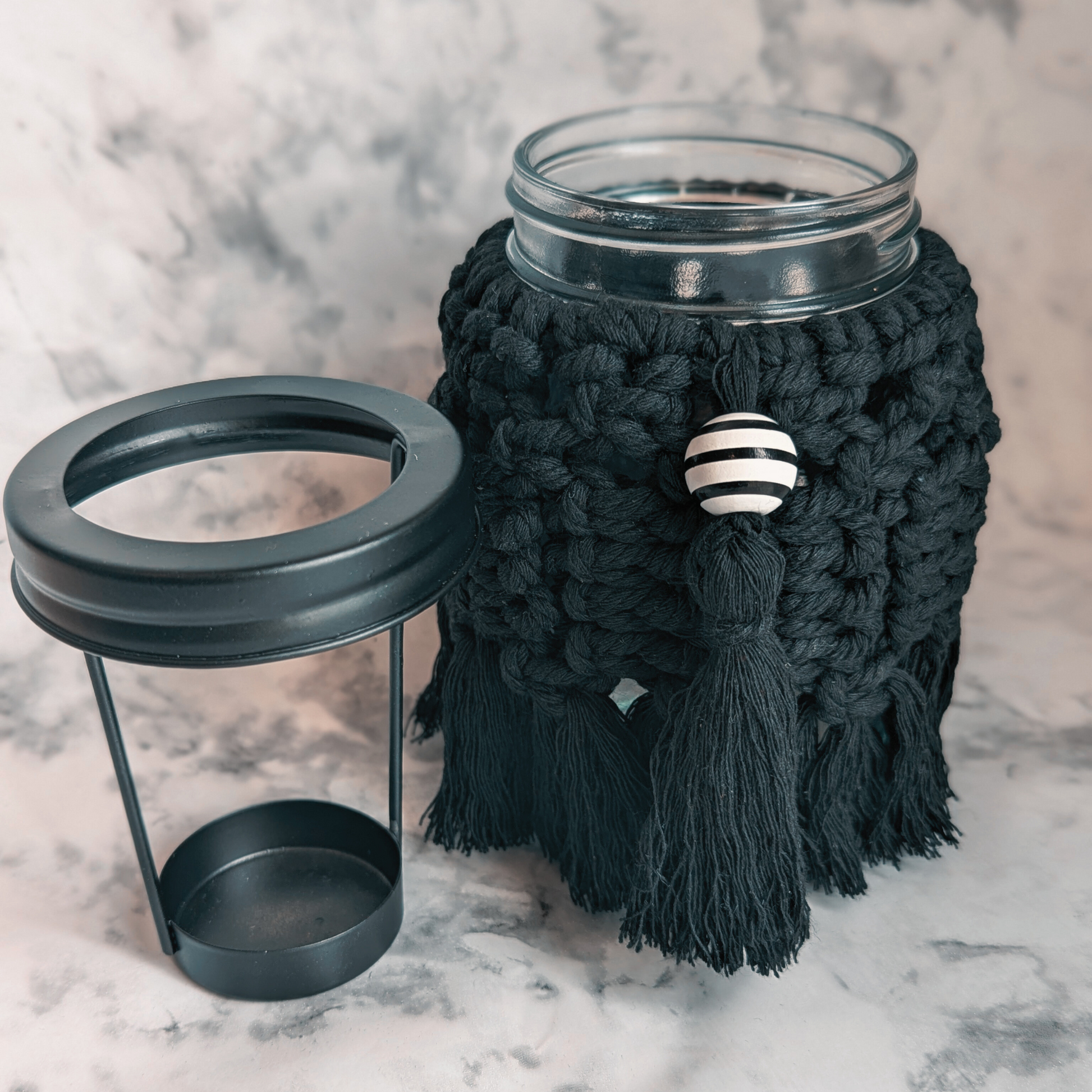 Mason Jar Candle Holder with Black Macrame